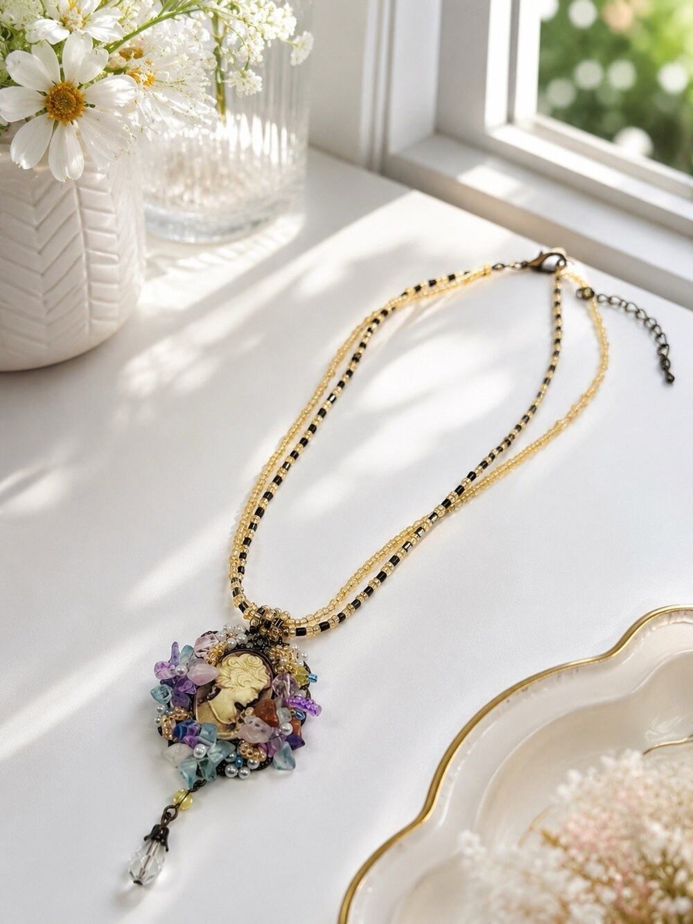 Vintage Style Beaded Cameo Statement Necklace Gemstone & Pearl Pendant